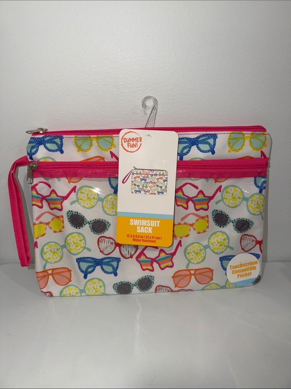 Swimsuit Sack Vinyl Interior Canvas Zip Bag White Pink Multi Fun Sunglasses